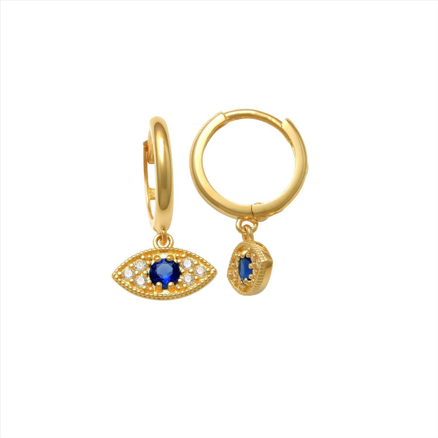9k YG CZ & Sapphire Drop Eye Round Huggie Earrings 8.5mm Diameter