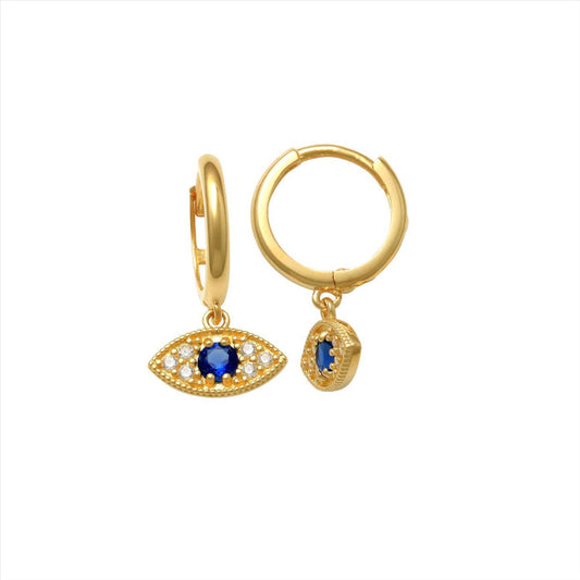 9k YG CZ & Sapphire Drop Evil Eye Huggie Earrings 8.5mm