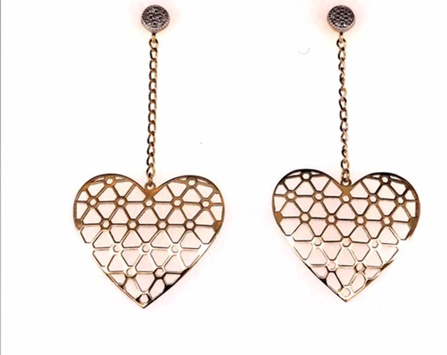 9k YG Drop Heart Stud Earrings 14D=0.05ct Meas. 17x18mm