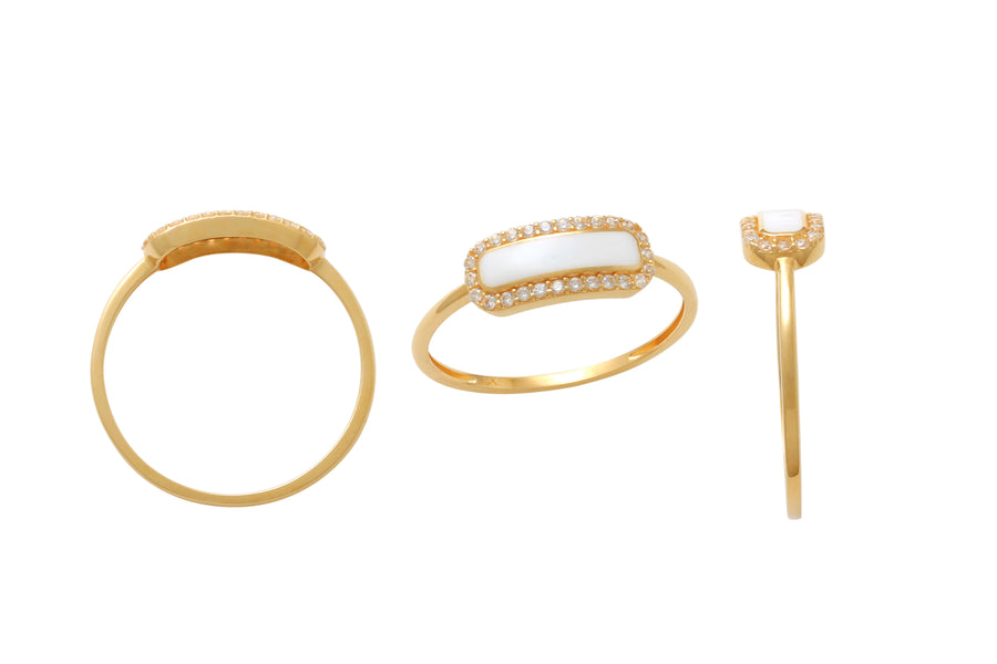 9k YG CZ and White Enamel Ring 13x5.5mm. Size K