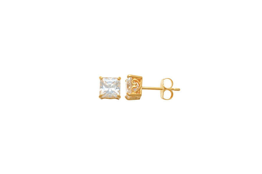 9k YG CZ 4 Claw Princess Cut Stud Earrings 5mm