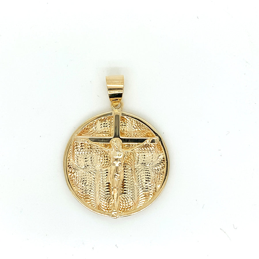 9k YG Round Crucifixion Medallion 25mm