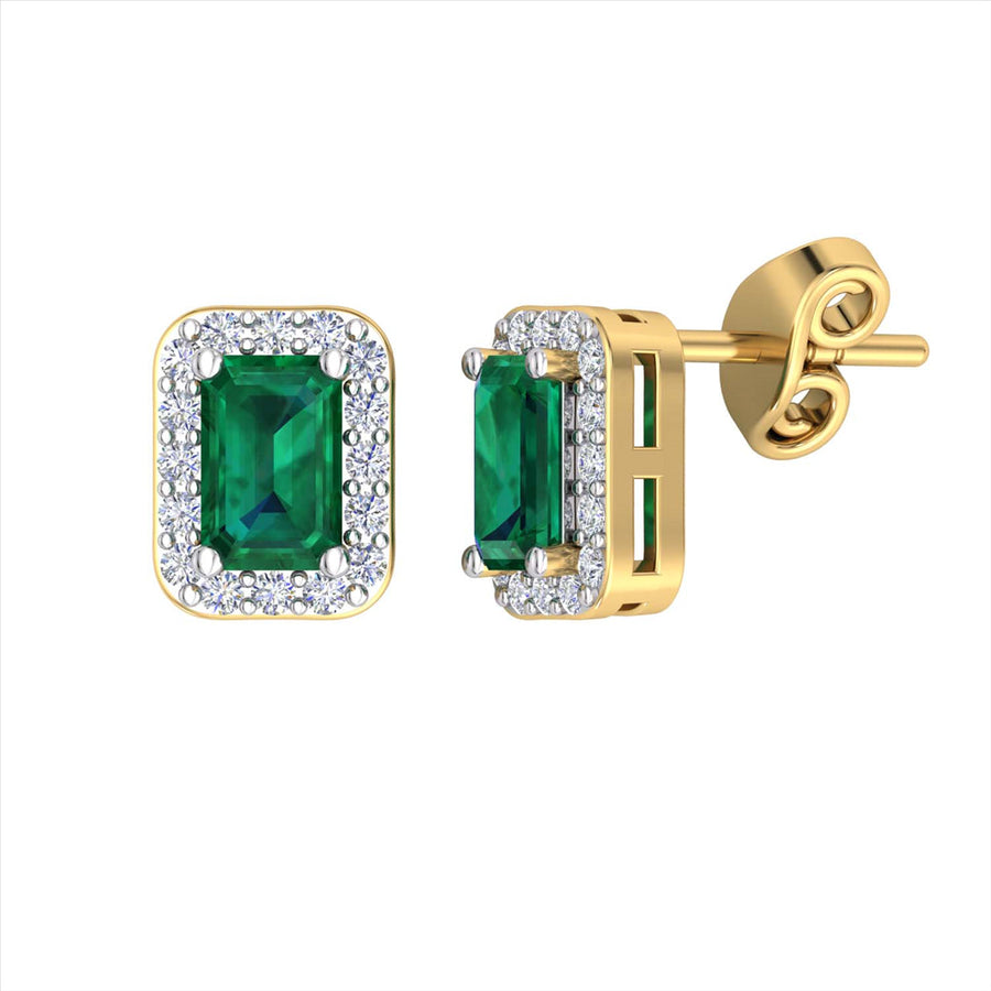 9k 2T Diamond & Natural Emerald Stud Earrings 32D=0.16ct & 2Em (5x3mm)=0.95ct Claw Set. Meas. 7x5.5mm