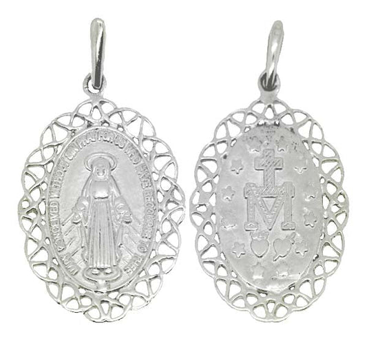 18k WG Solid Miraculous Madonna Oval Pendant with Fancy Border . 15x20mm