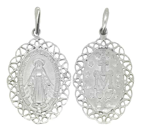 18k WG Solid Miraculous Madonna Oval Pendant with Fancy Border . 15x20mm