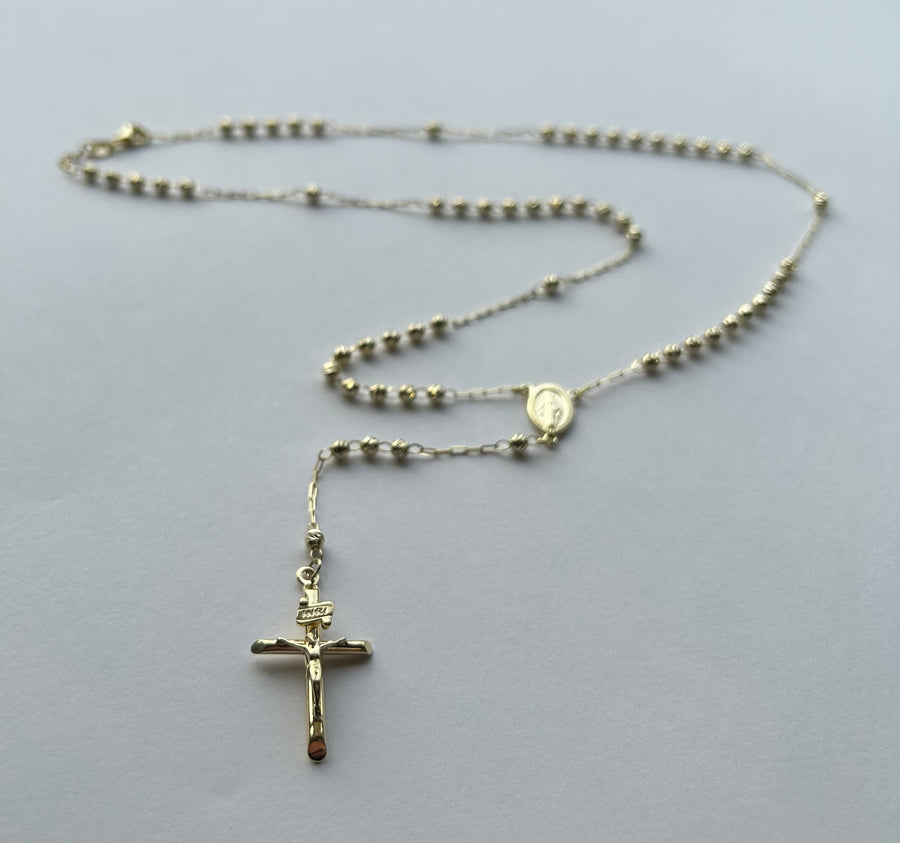 18k YG 3mm Faceted Balls Paperclip Rosary Necklace 0.70mm wide 50cm with Miraculous Madonna plus 9cm drop with crucifixion.