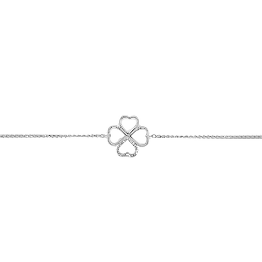 9k WG Oval Link Bracelet 1mm Wide 19cm O-Ring at 17cm & 18cm . With 4 Leaf Clover 22D=0.05ct Meas. 14mm