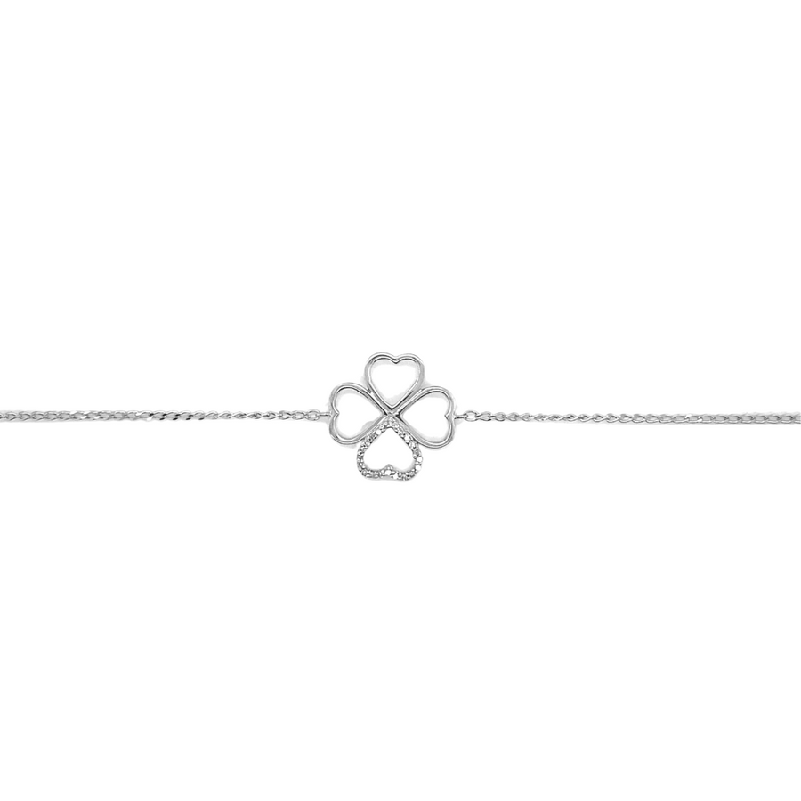 9k WG Oval Link Bracelet 1mm Wide 19cm O-Ring at 17cm & 18cm . With 4 Leaf Clover 22D=0.05ct Meas. 14mm