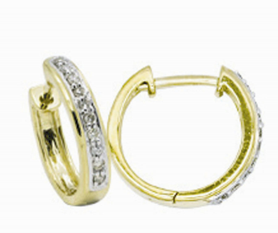 9k YG Diamond Round Huggie Earrings 9.8mm Diameter. Grain set with 20D=0.11ct 2.3mm Wide
