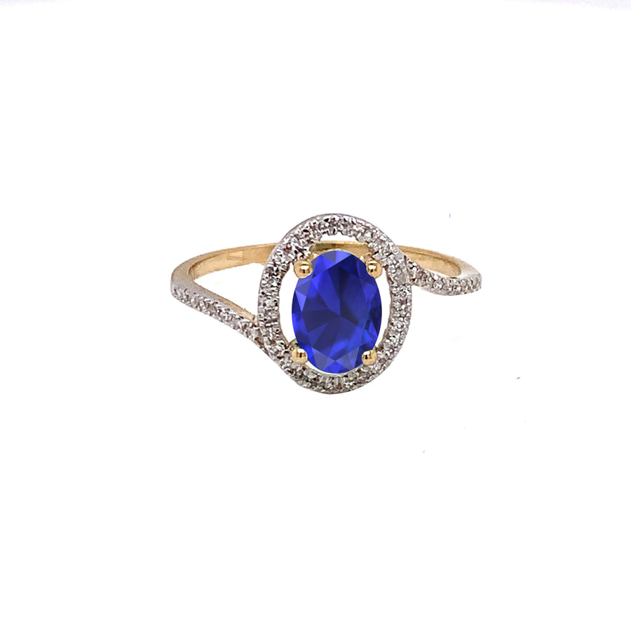 9k YG 7x5mm Oval Natural Sapphire and Diamond Ring 1Sa=0.93 44D=0.125ct. Size O