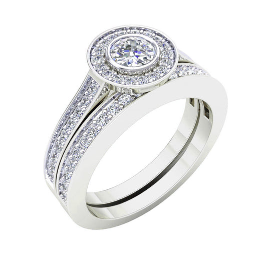 9k WG Diamond Engagement Ring Set...Engagement Ring 1D=0.26ct & 36D=0.30ct..Wedding Band 17D=0.14ct..Total Diamond weight: 0.70ct..Size K