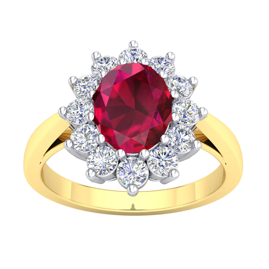 9k 2T Diamond & Natural Clarity Enhanced Ruby Princess Diana Ring. 12D = 0.55ct & 1R (8x6mm) = 1.50ct. Meas. 14x12mm.  Size M.
