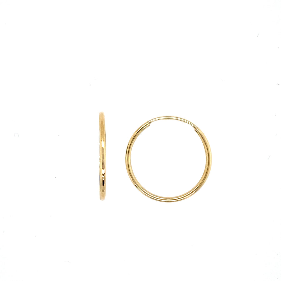18k YG Round Sleeper Hoop Earrings 12mm Diameter. Round Tube 1mm Wide