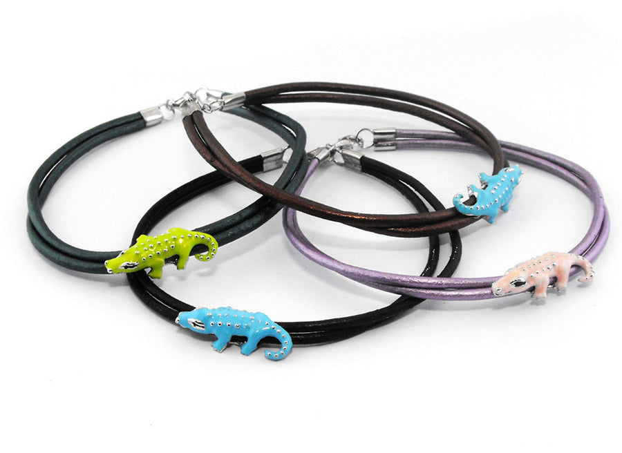 925 Cord Bracelet with Enamel Crocodile in Assorted Colours.
