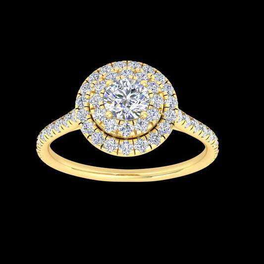 "Emma" 9k YG 3.5mm (0.15ct) CZ Double Halo Ring with CZs on band. Size N