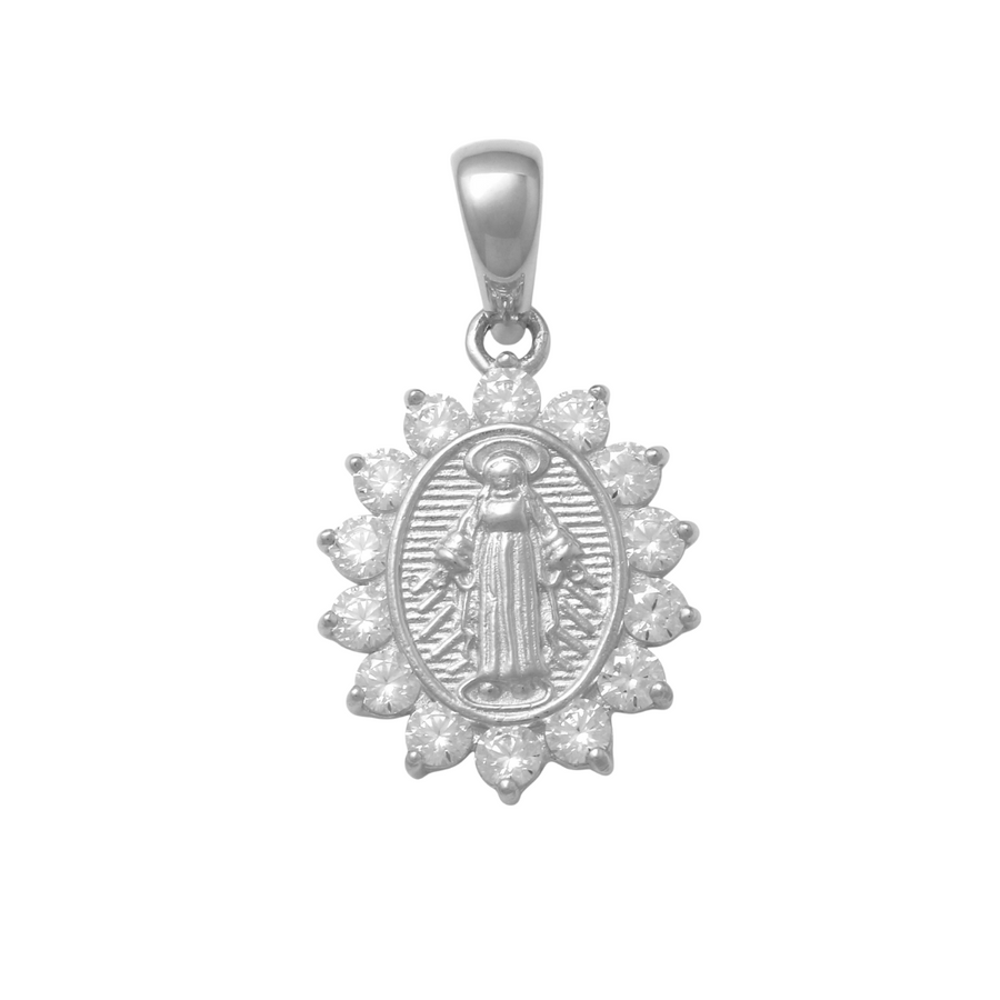 9k WG Solid CZ Flower Pendant with Miraculous Madonna . 11.5x14mm (+7mm bail)