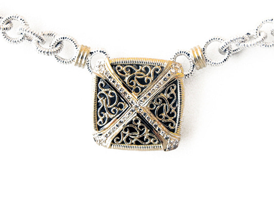 14k & 925 Fancy Cushion Pendant set with Diamonds = 0.36ct  Attached to 925 Round Link T-Bar Chain.