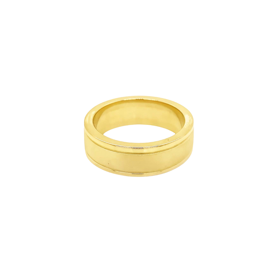 9k YG Gents Ring. All Polished Finish, 2mm Engraved line,8mm Wide xDepth 2mm, Size U1/2.