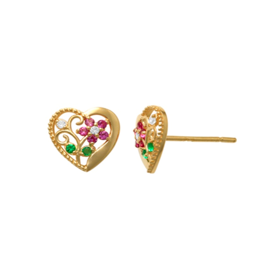 9k YG Clear and Coloured CZ Heart Stud Earrings with Flower Centre 7.5x7.3mm