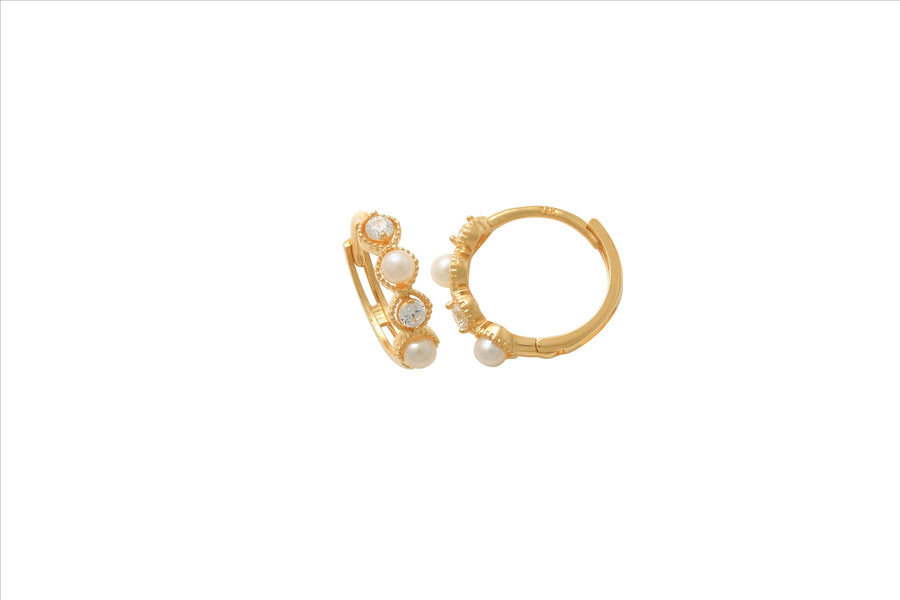 9k YG Round Huggie Earrings with 2xCZ & 2xFWP 10mm Diameter, 3mm Wide