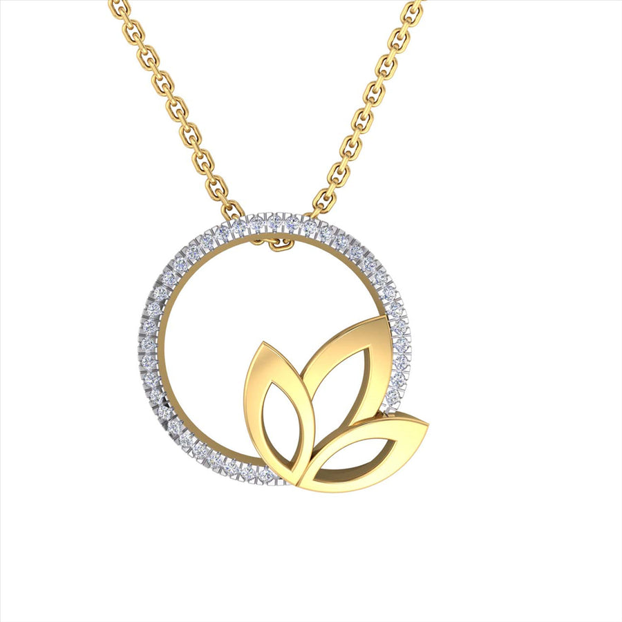 9k YG Leaf & Circle Diamond Pendant 39D=0.07ct with Oval Link Chain 45cm O-Ring at 43cm & 44cm 1mm Wide . Meas. 14mm