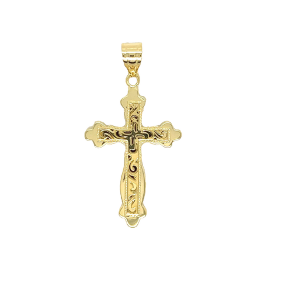 18k YG Orthodox Cross with raised pattern. 26x18mm