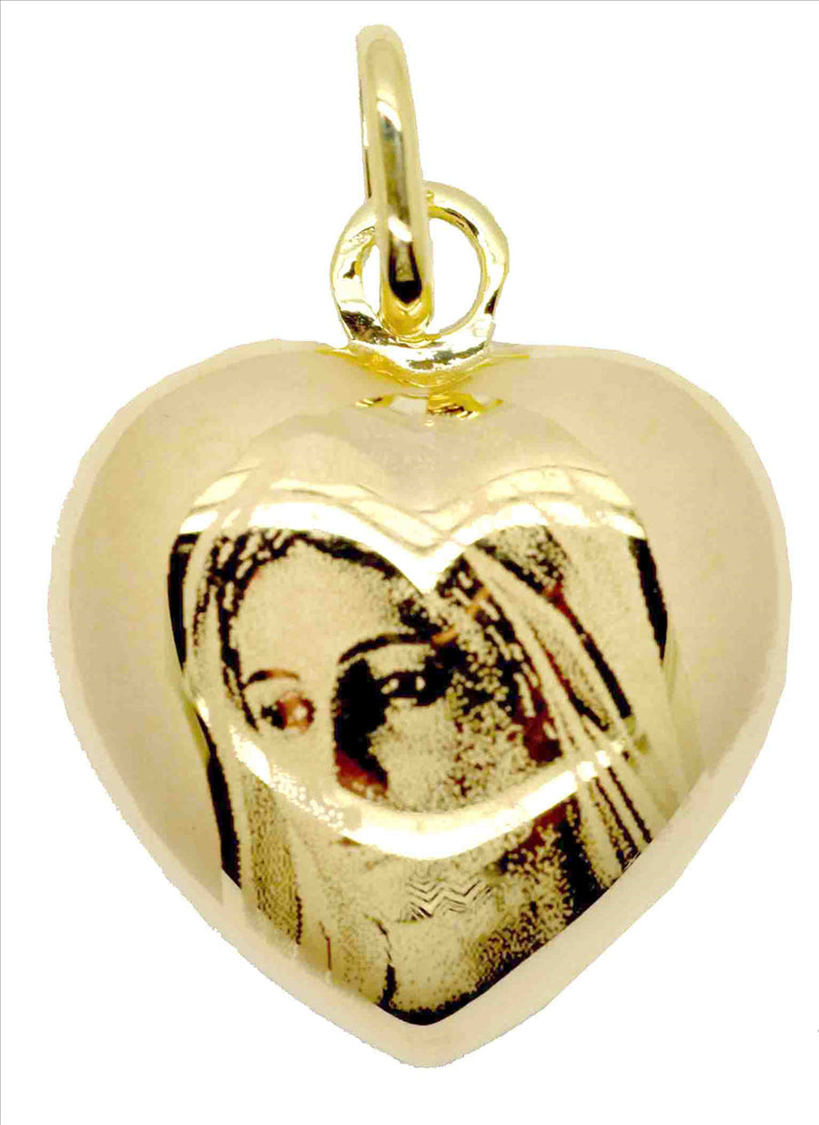 9k YG Italian Hollow Heart Pendant with Madonna Engraved . 15mm