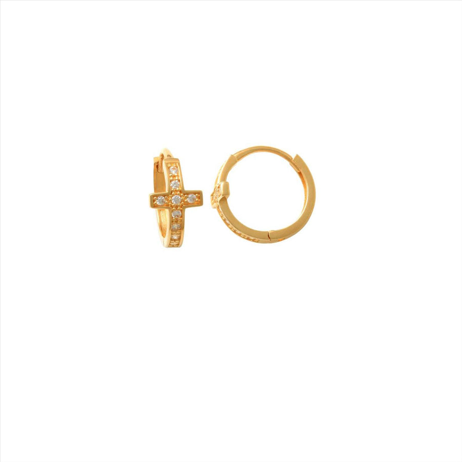 9k YG CZ Cross Round Huggie Earrings 10.5mm Diameter