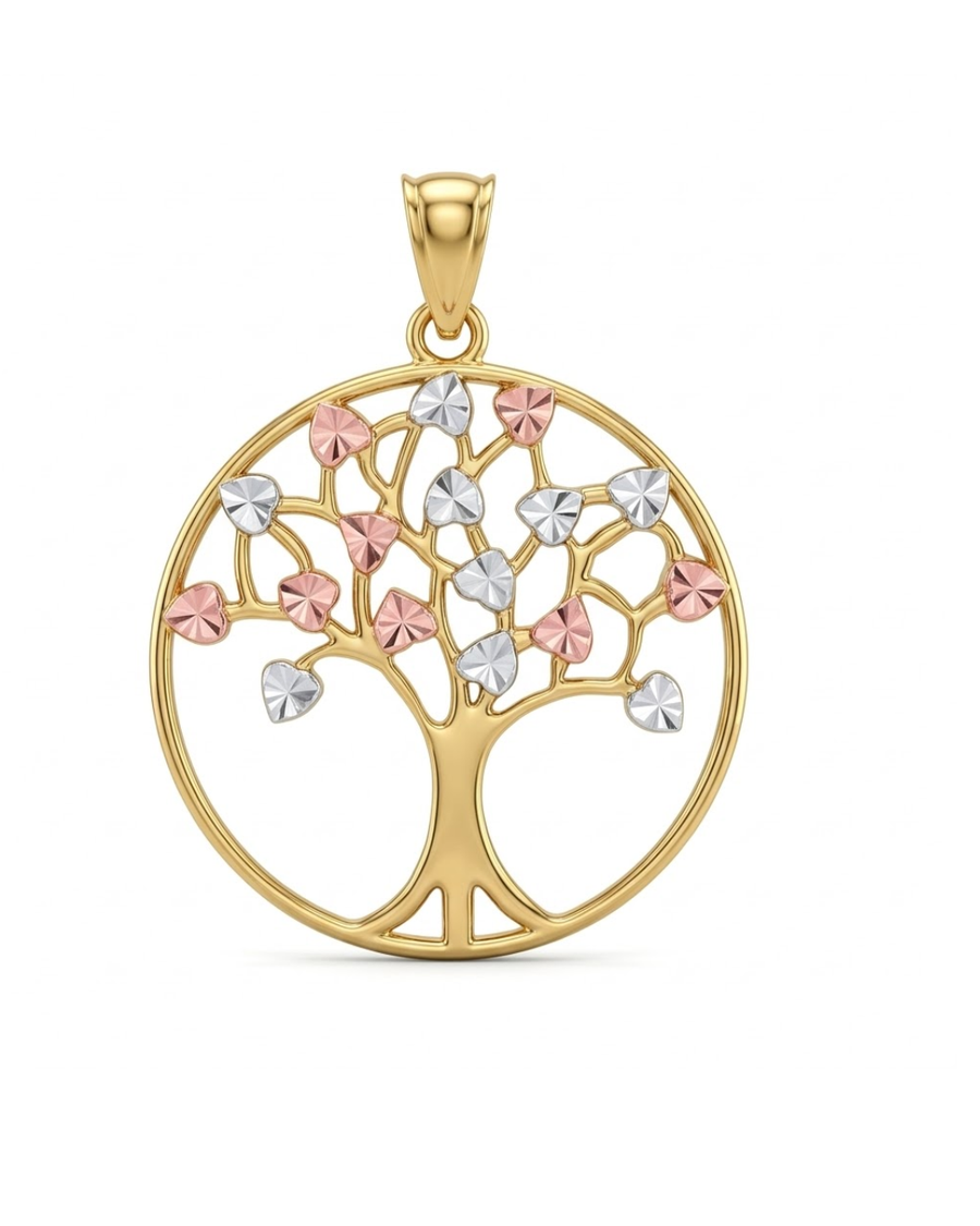 9k 3T Tree of Life Pendant with Diamond Cut Leaves, 25mm