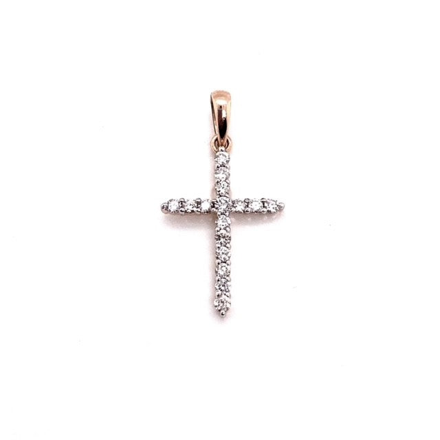 9k RG Diamond Cross Pendant 16D=0.25ct Claw Set . Meas. 17mm x 12mm
