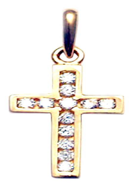 9k YG Solid CZ Channel Set Cross Pendant with 12 CZs, 13mm x 8mm