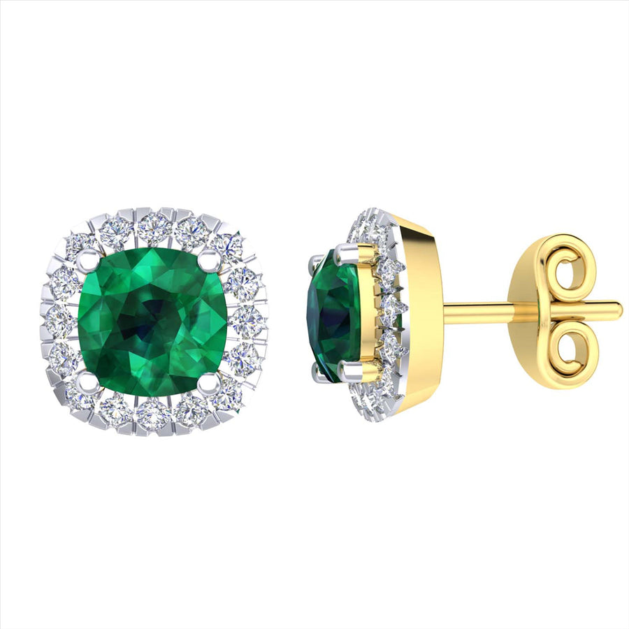 9k YG Diamond & 4x4mm Square Natural Emerald Stud Earrings 32D=0.09ct & 2Em=Approx 0.50ct. Meas. 6mm