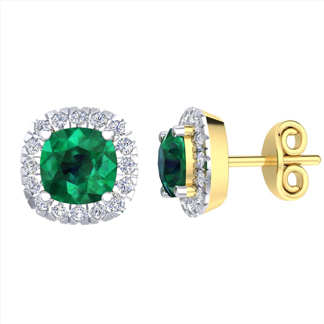 9k YG Diamond & Emerald Stud Earrings 32D=0.09ct & 2Em=Approx 0.50ct