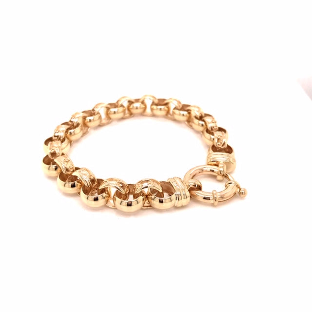 9k YG Solid Round Belcher Bracelet 9mm wide 19cm . With bolt ring Approx 23.9g