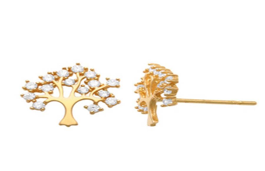 9k YG CZ Tree of Life Stud Earrings 9mm