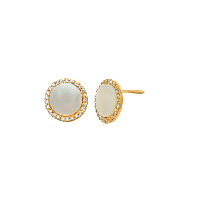 9k YG Mother of Pearl & CZ Earrings, CZs surrounding MOP. 9mm Wide