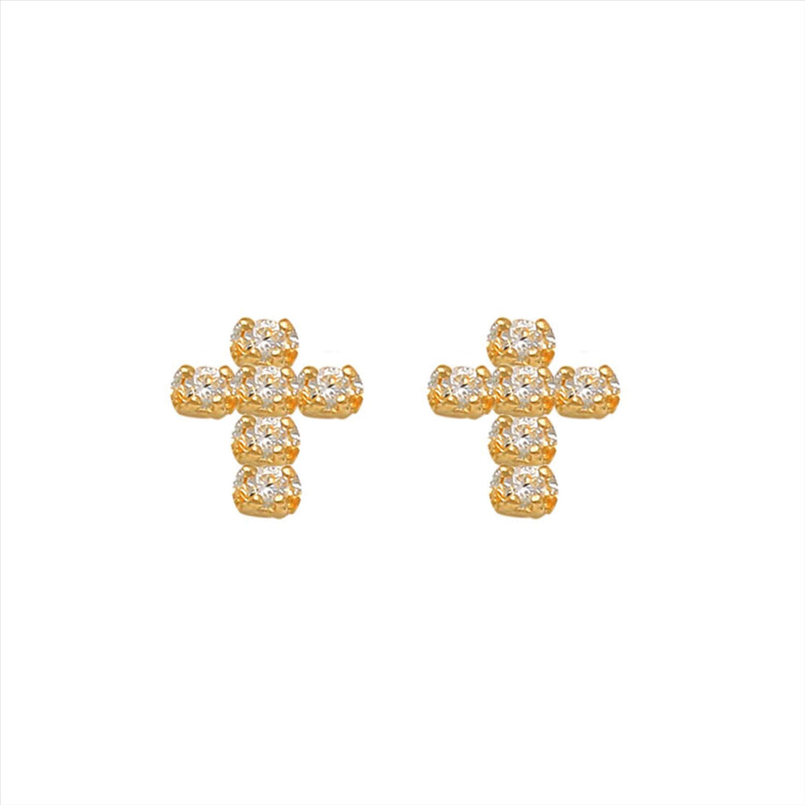 9k YG CZ Cross Stud Earrings 7x6mm