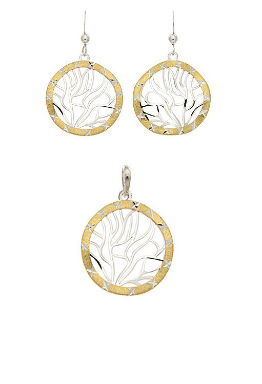 925 2T Laser Cut Tree Circle Set. Shepherd Hook Earrings and Pendant 16mm. Italian Belcher (BEL) Chain 1.8mm wide.