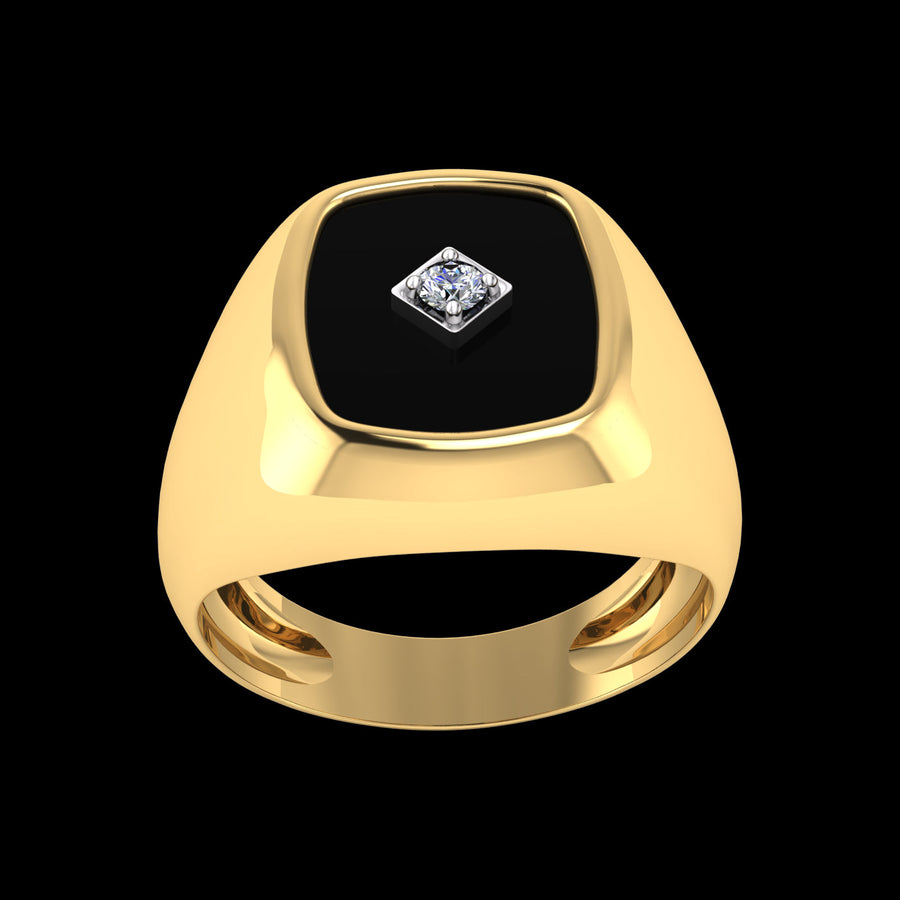 9k Yellow Gold 12 x 10mm Cushion Black Onyx Gents Rings ..with1 x brilliant cut diamond = 0.05ct grain. Set on 9k WG bezel in centre of Onyx. Size R