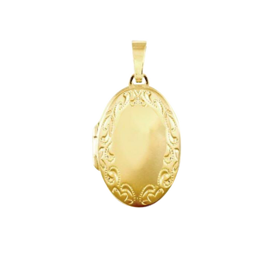 9k YG German Polished Engraved Border Oval Four-Photo Locket 19x28mm