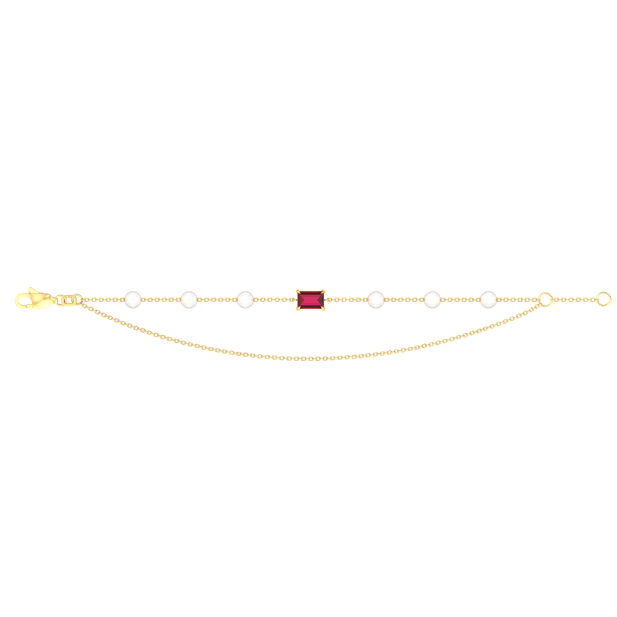 9k YG FWP & Garnet Bracelet 18cm (15+3cm adjustable links). 6x 4mm Round Pearls & 1GA(6x4mm)=0.63ct Claw Set.