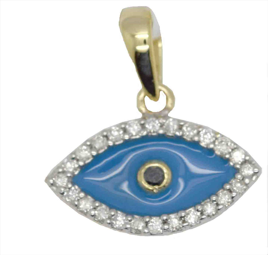 18k YG Eye Pendant set with CZ's & Enamel 7x13mm
