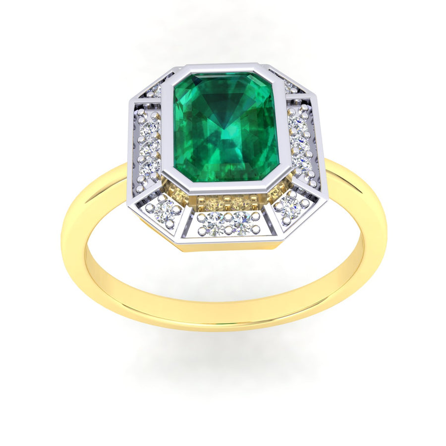 9k 2T Emerald & Diamond Ring  YG band and WG setting  set with 1Em=1.0ct & 14D=0.11ct Size P