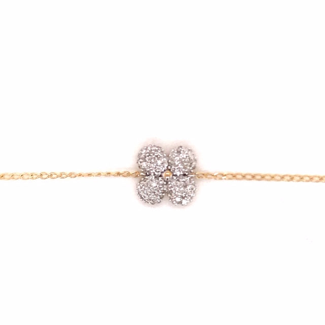 9k YG Oval Link Bracelet 1mm Wide 19cm O-Ring at 17cm & 18cm . With Flower 92D=0.23ct Meas. 9mm
