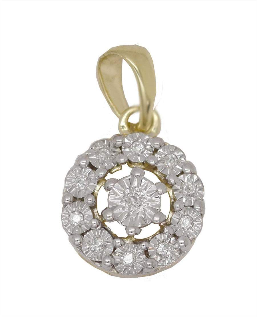 9k YG Diamond Cluster Circle Pendant 11D=0.03ct Claw & Illusion Set . Meas. 8.6mm