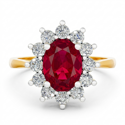 9k YG Lab Ruby and Lab Diamond Princess Diana Ring 12D=0.42ct 1RU=1.52ct Size M