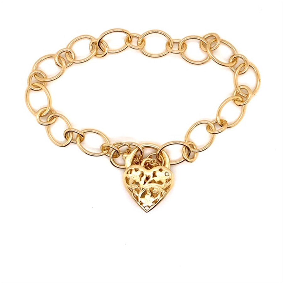9k YG Italian Solid Oval Link Bracelet with 11.3 x 8.7mm link 19cm . with Filigree Padlock & Safety Chain Approx 11.5g