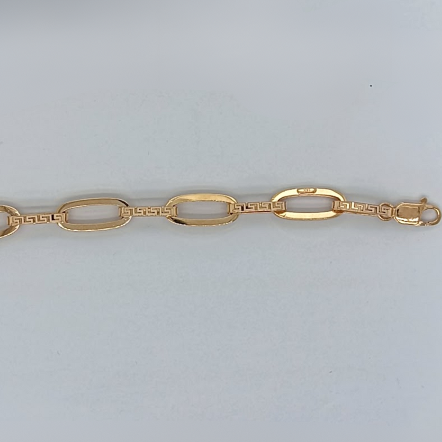 18k YG Hollow Square Edge Paperclip with Greek Key Design Bracelet 7.0 x 12mm Wide 19cm with 2 Adjustable Links. Approx 5.9g
