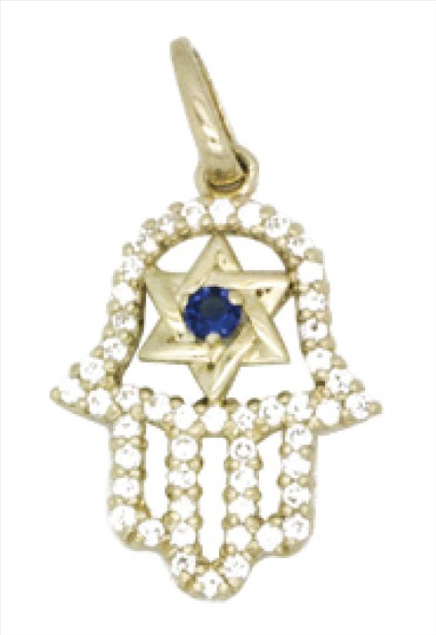 9k YG CZ Hand of Faith Pendant with Sapphire