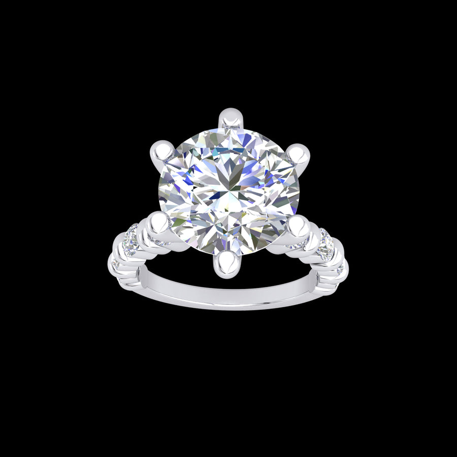 "Sophia" 9k WG 6.5mm (1ct) CZ Solitare Ring with round CZs and bead work on band. Size Q